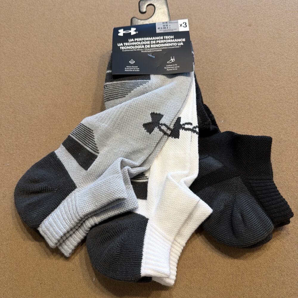 Under Armour Mens XL UA Performance Tech Multicolor 3 Pair No Show Socks 13-16